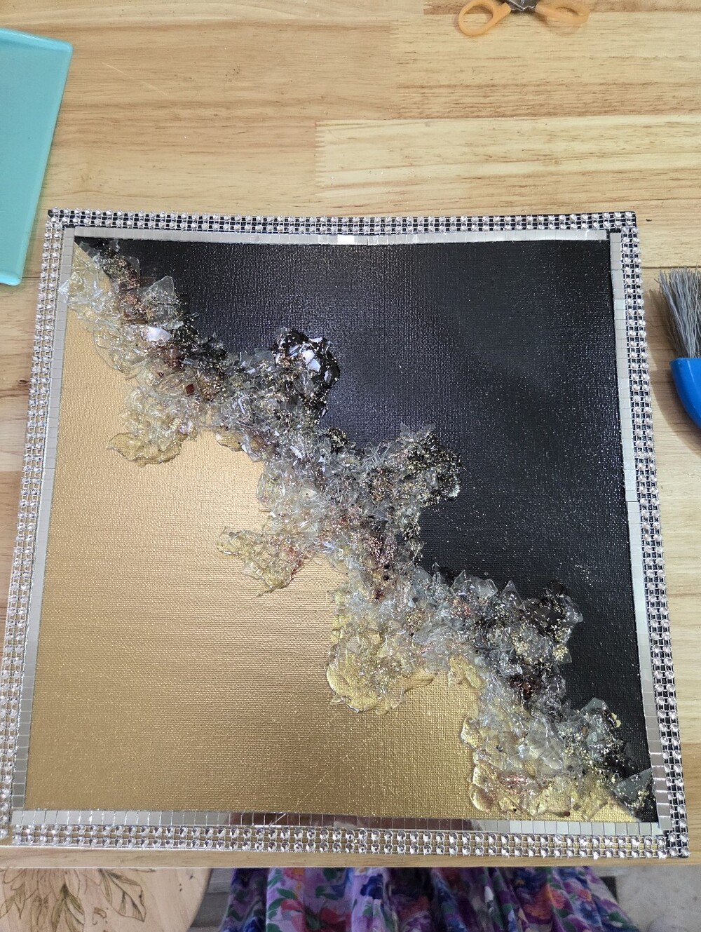 Handcrafted Black and Gold Crushed Glass Wall Art 12 X 12